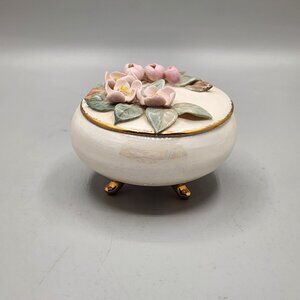Vintage Hand Painted Ceramic Footed Trinket Dish White Pink Floral Jewelry Candy